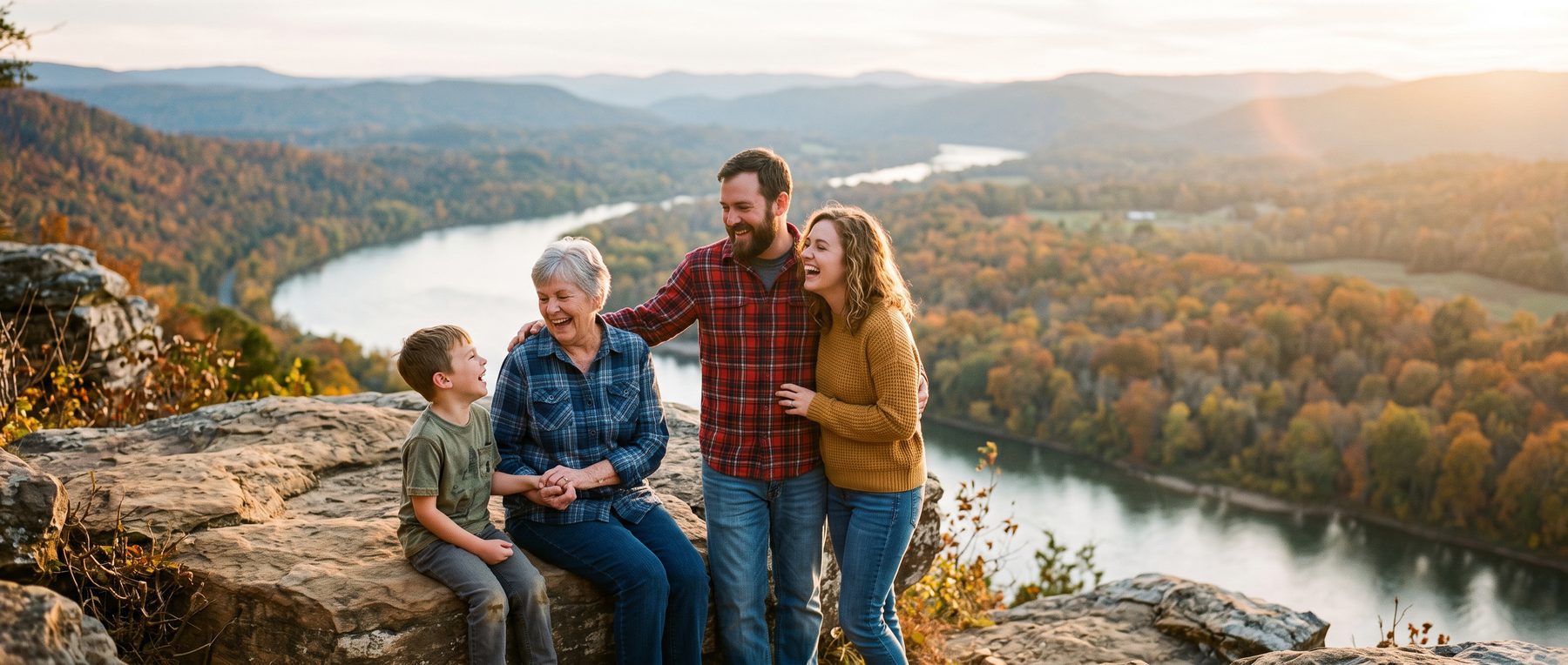 A family laughing together on a bluff above the Tennessee River at golden hour